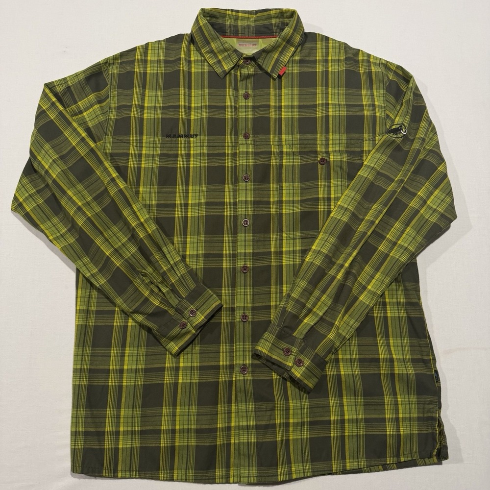 Mammut Schoeller 3XDRY Shirt Mens XL Green Plaid Trail Hiking Outdoor Button Up